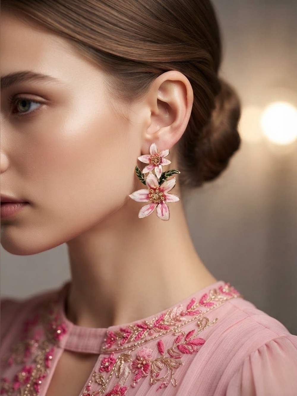Pink Flower Stud Earrings with Leaf Accents